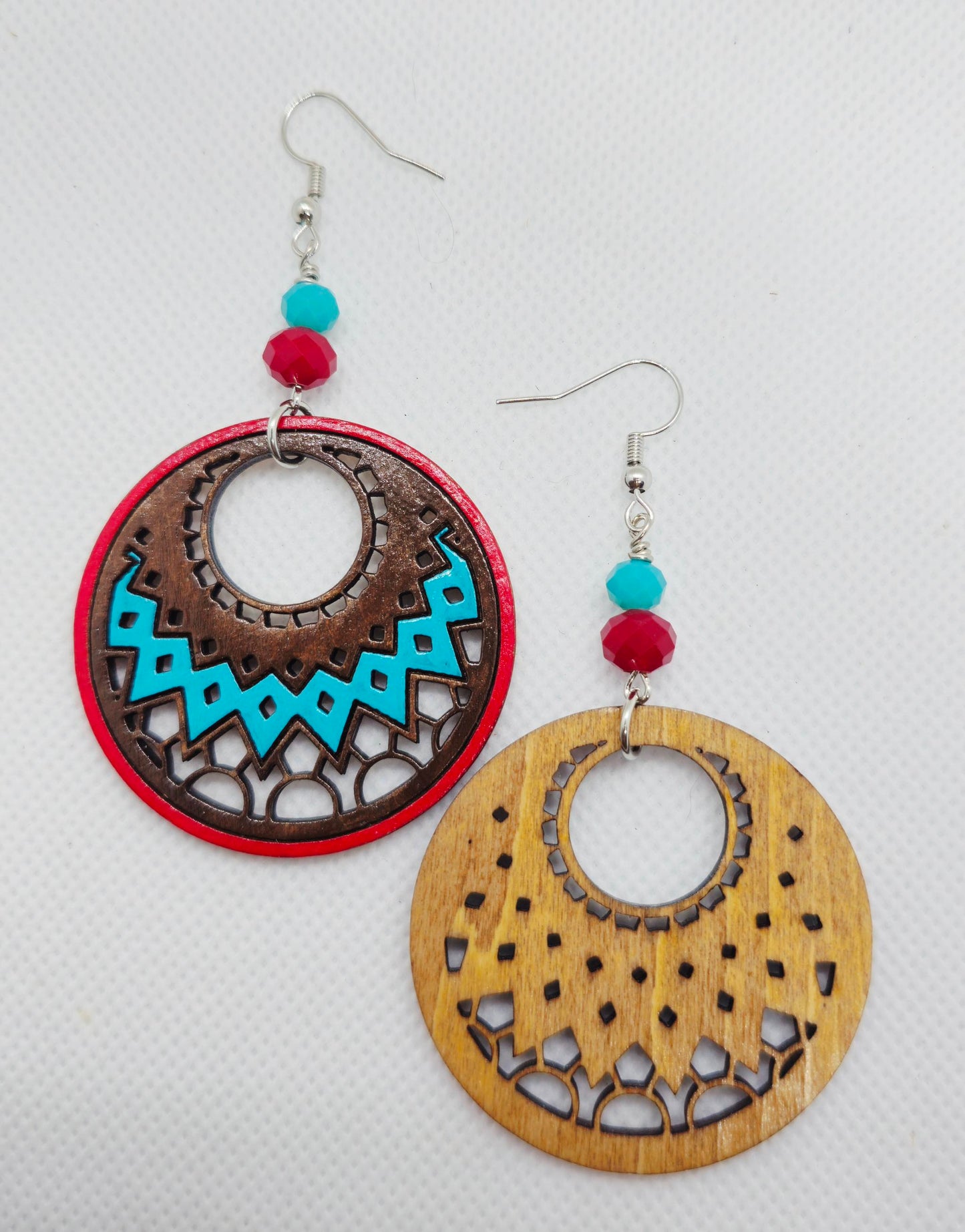Hand-Painted Brown Teal and Red Mandala Filigree Laser Cut Wooden Lightweight Earrings