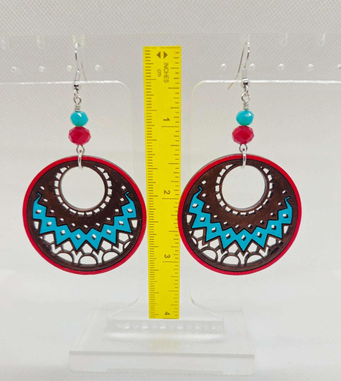 Hand-Painted Brown Teal and Red Mandala Filigree Laser Cut Wooden Lightweight Earrings