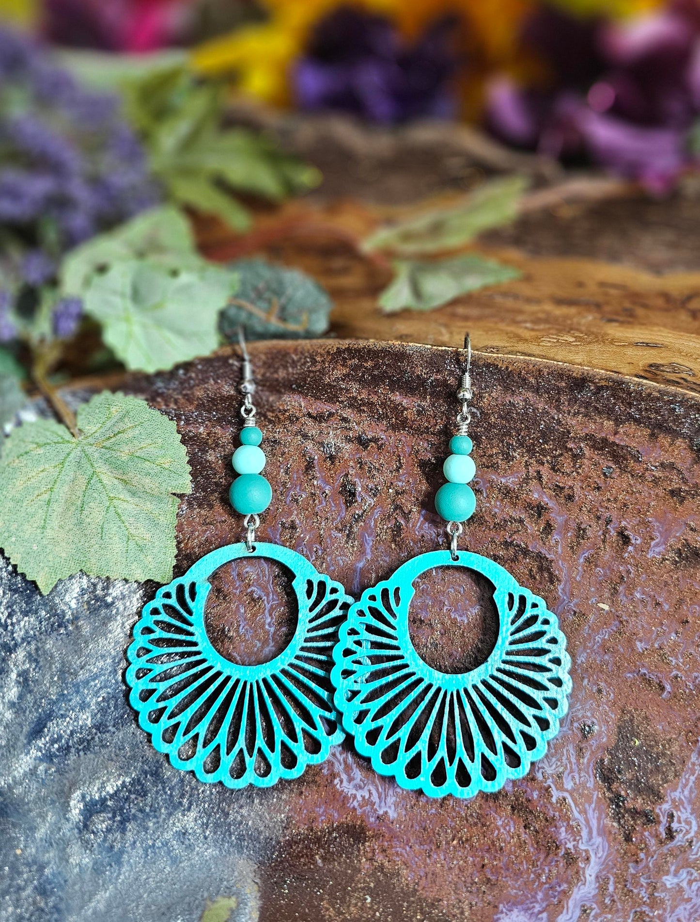 Hand-Painted Teal Color Round Scalloped Filigree Laser Cut Wooden Lightweight Earrings