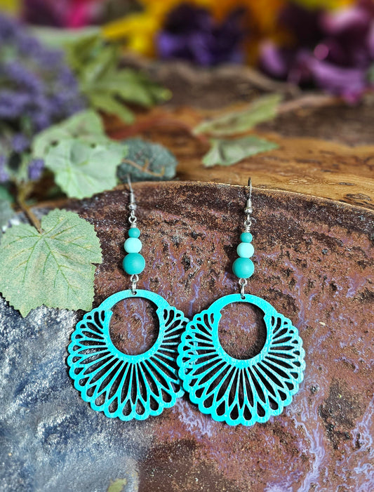 Hand-Painted Teal Color Round Scalloped Filigree Laser Cut Wooden Lightweight Earrings