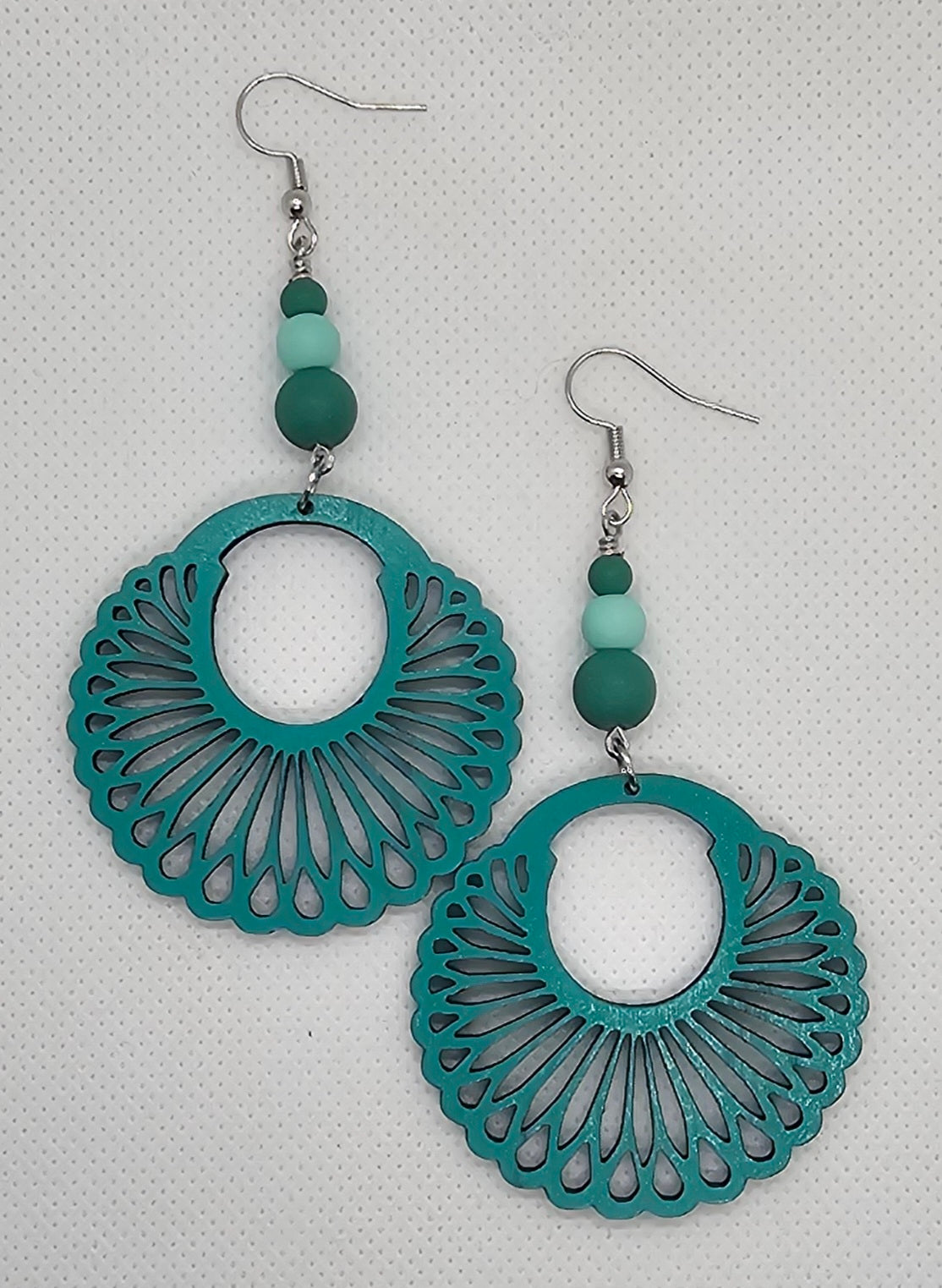Hand-Painted Teal Color Round Scalloped Filigree Laser Cut Wooden Lightweight Earrings