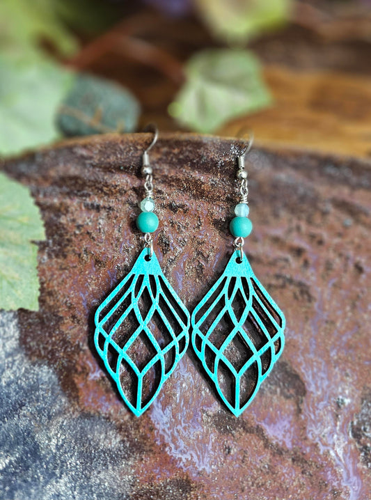Hand-Painted Teal Color Teardrop Filigree Laser Cut Wooden Lightweight Earrings