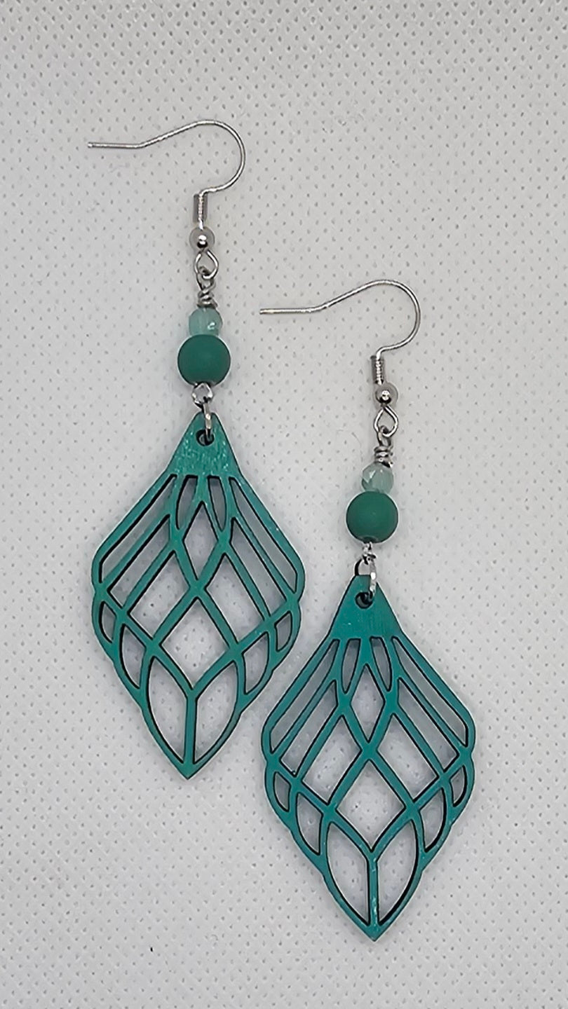 Hand-Painted Teal Color Teardrop Filigree Laser Cut Wooden Lightweight Earrings