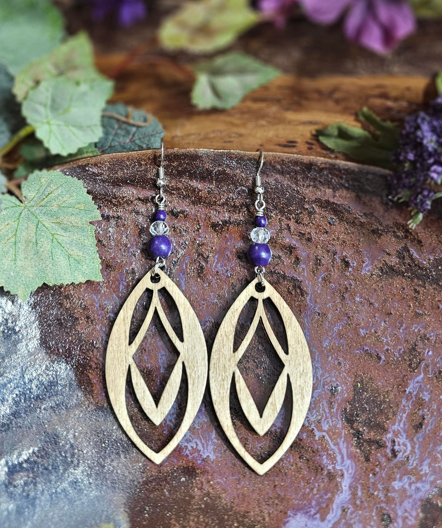 Wood Stained Dark Purple Beads Boho Teardrop Laser Cut Wooden Lightweight Earrings