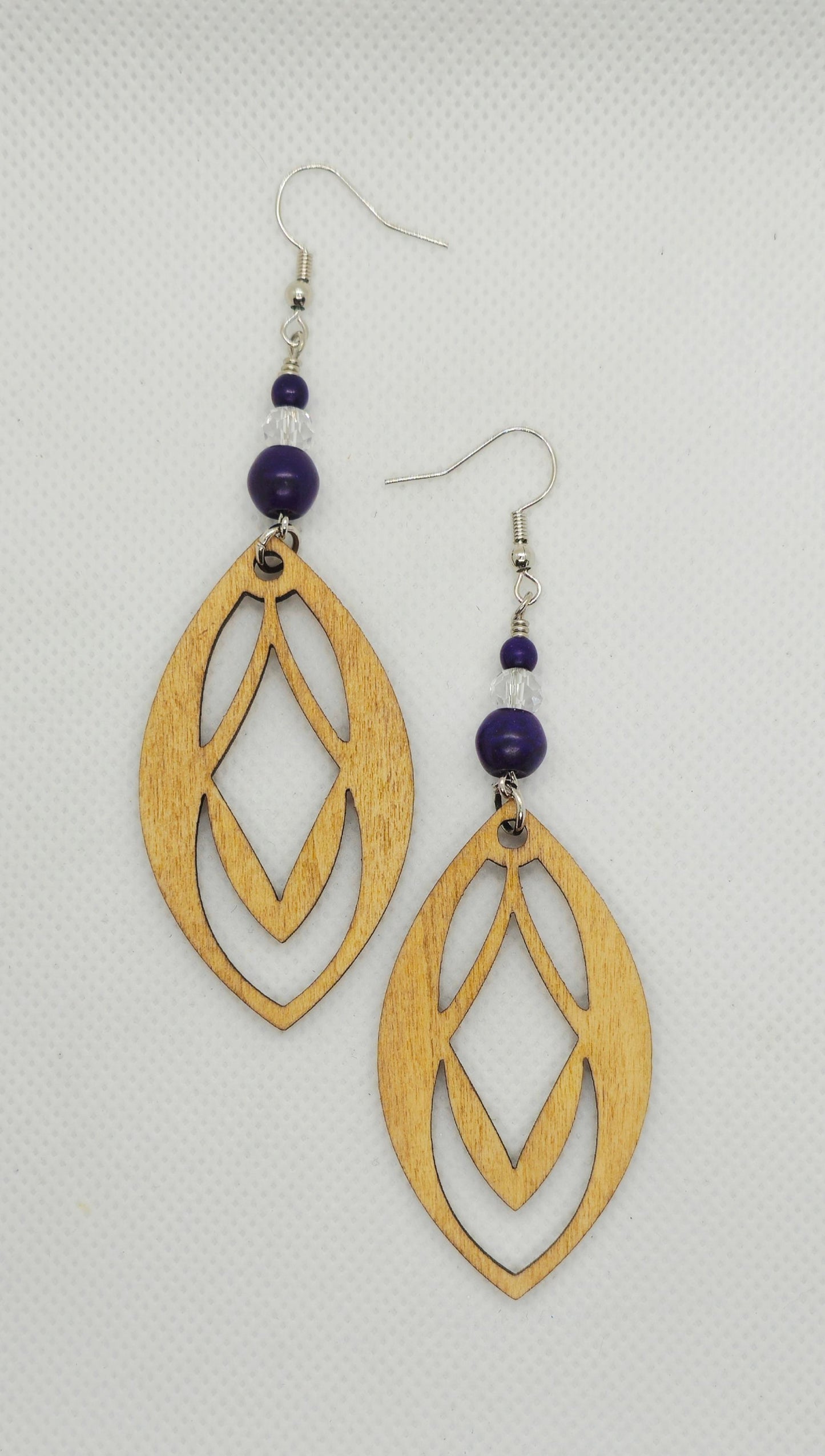 Wood Stained Dark Purple Beads Boho Teardrop Laser Cut Wooden Lightweight Earrings