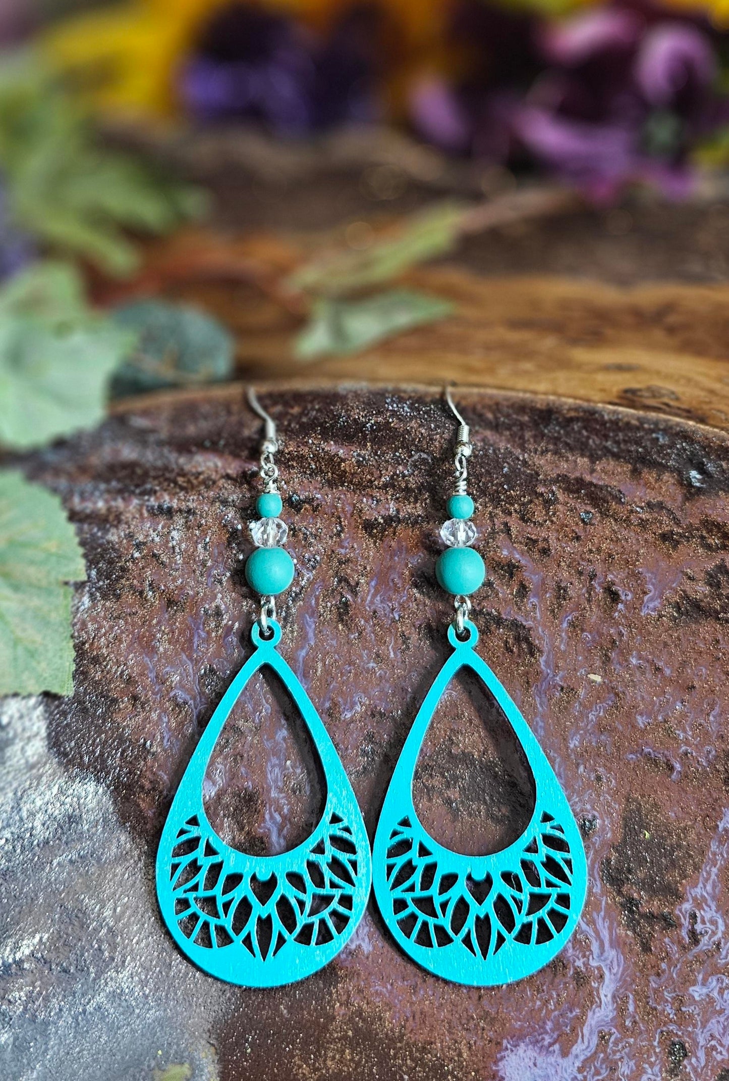 Hand-Painted Teal Color Teardrop Filigree Laser Cut Wooden Lightweight Earrings