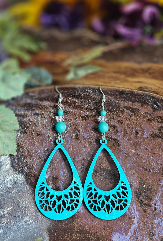 Hand-Painted Teal Color Teardrop Filigree Laser Cut Wooden Lightweight Earrings