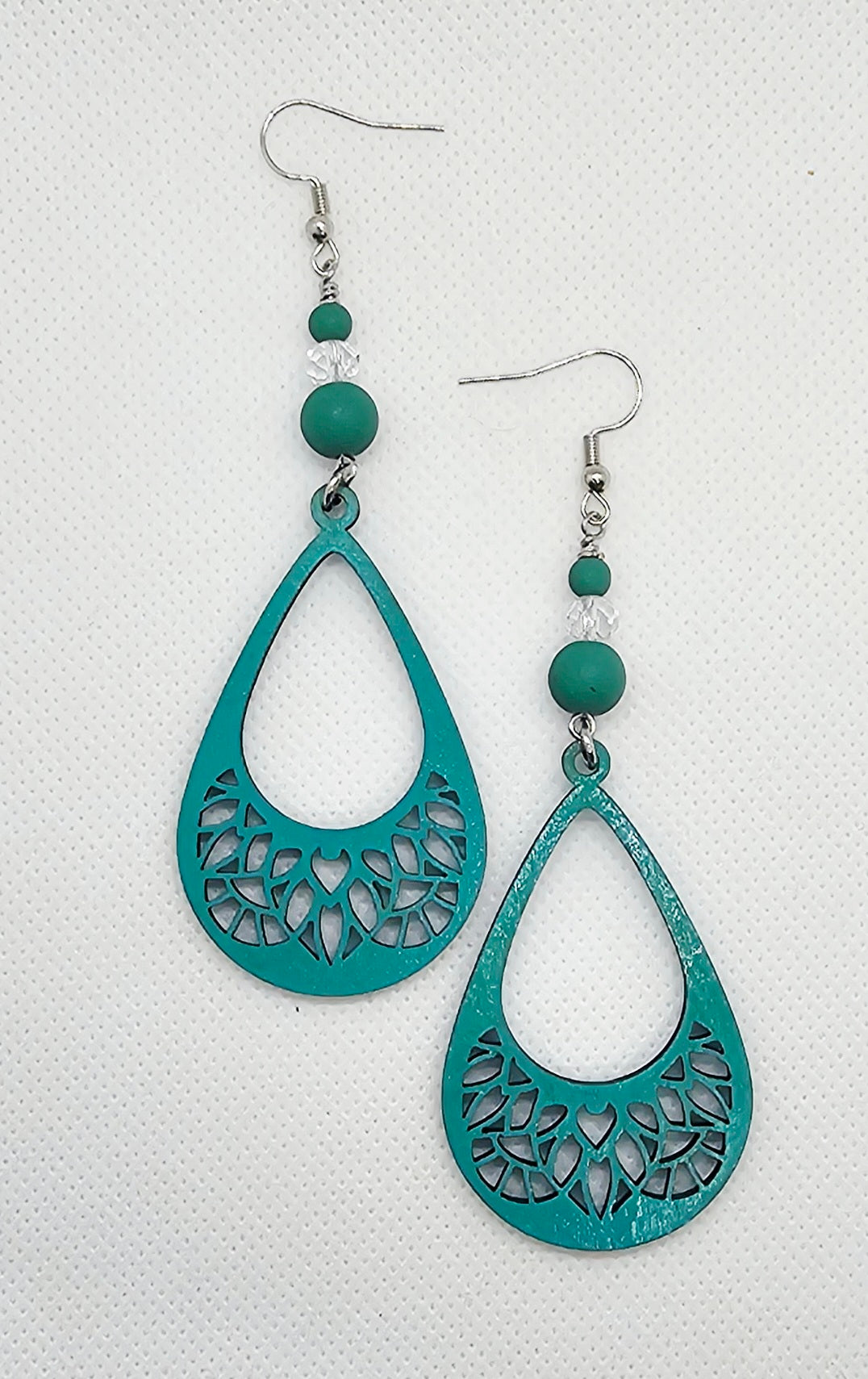 Hand-Painted Teal Color Teardrop Filigree Laser Cut Wooden Lightweight Earrings