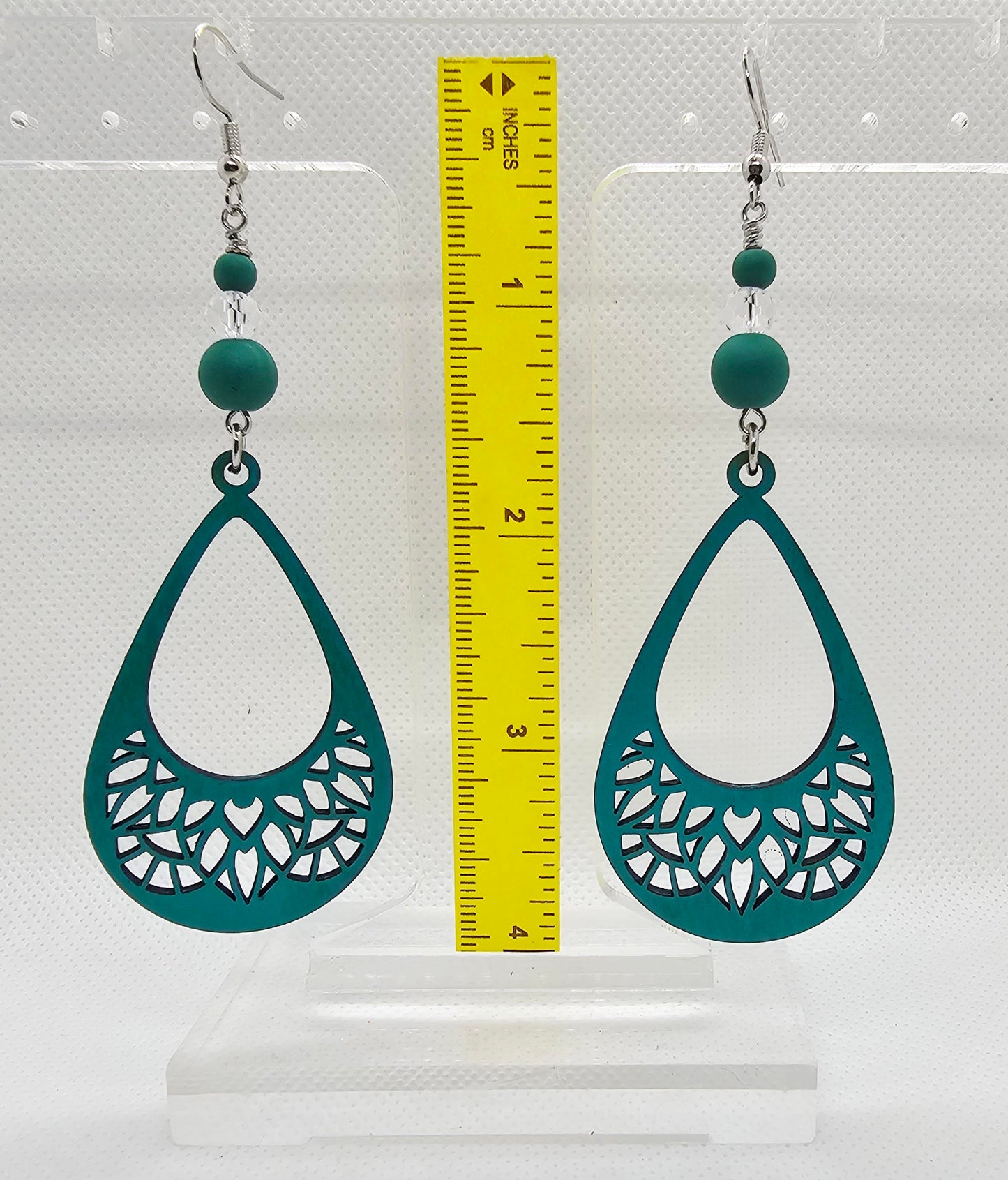 Hand-Painted Teal Color Teardrop Filigree Laser Cut Wooden Lightweight Earrings