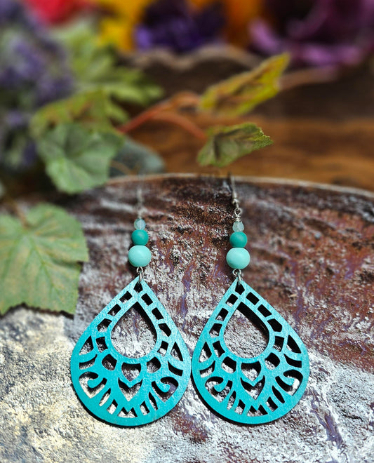 Hand-Painted Teal Color Teardrop Filigree Laser Cut Wooden Lightweight Earrings
