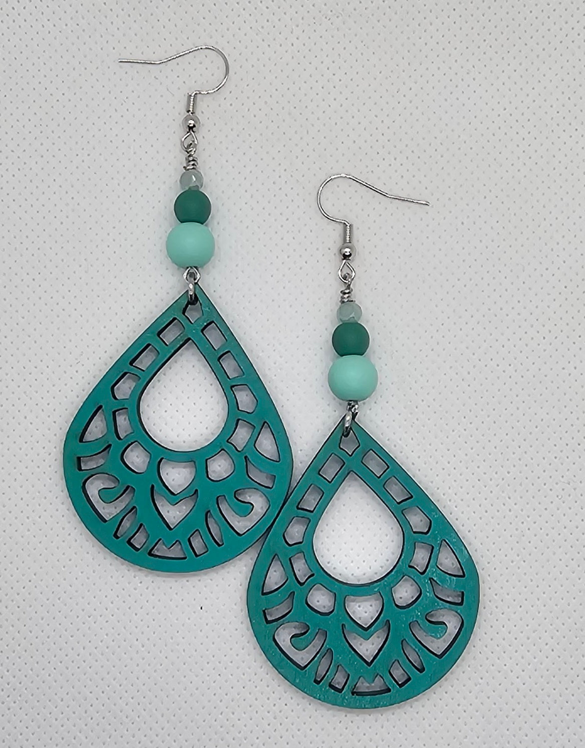 Hand-Painted Teal Color Teardrop Filigree Laser Cut Wooden Lightweight Earrings