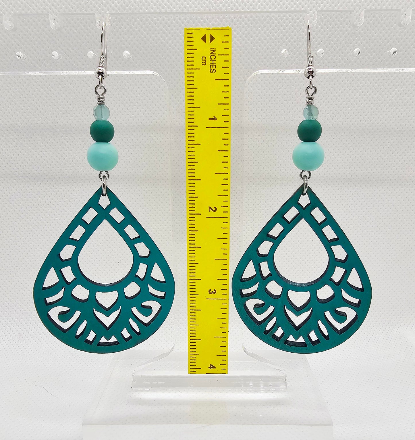 Hand-Painted Teal Color Teardrop Filigree Laser Cut Wooden Lightweight Earrings