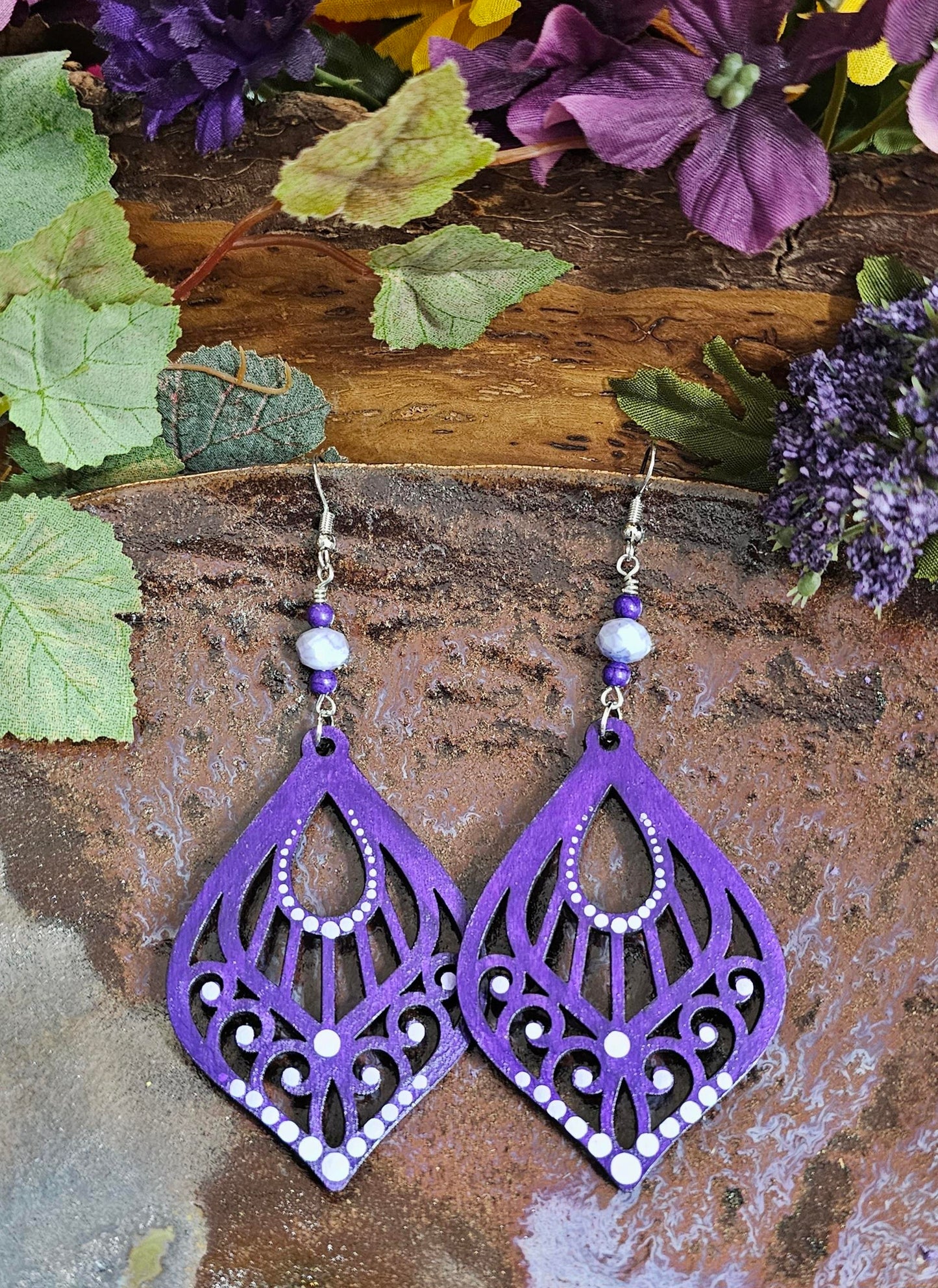 Hand-Painted Purple Color Teardrop Filigree Laser Cut Wooden Lightweight Earrings