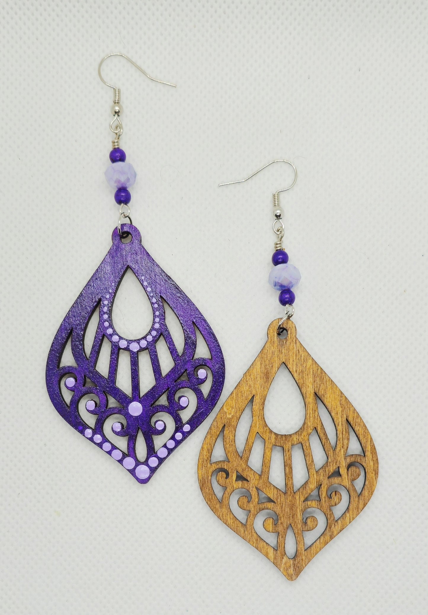 Hand-Painted Purple Color Teardrop Filigree Laser Cut Wooden Lightweight Earrings
