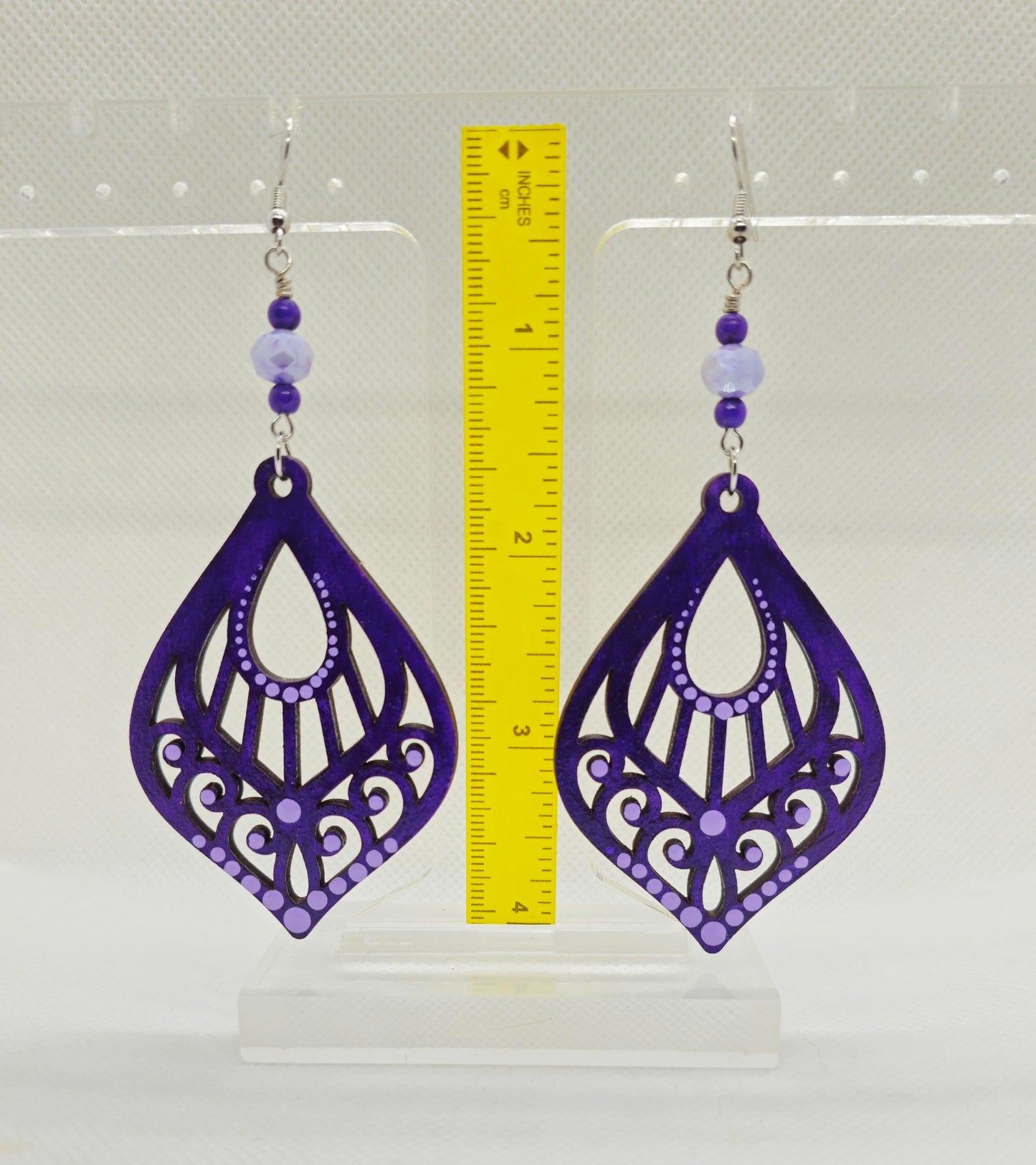 Hand-Painted Purple Color Teardrop Filigree Laser Cut Wooden Lightweight Earrings