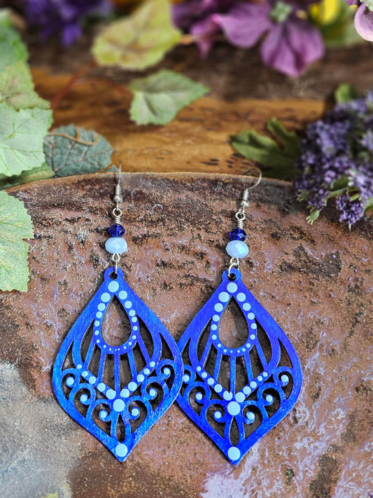 Hand-Painted Blue Color Teardrop Filigree Laser Cut Wooden Lightweight Earrings