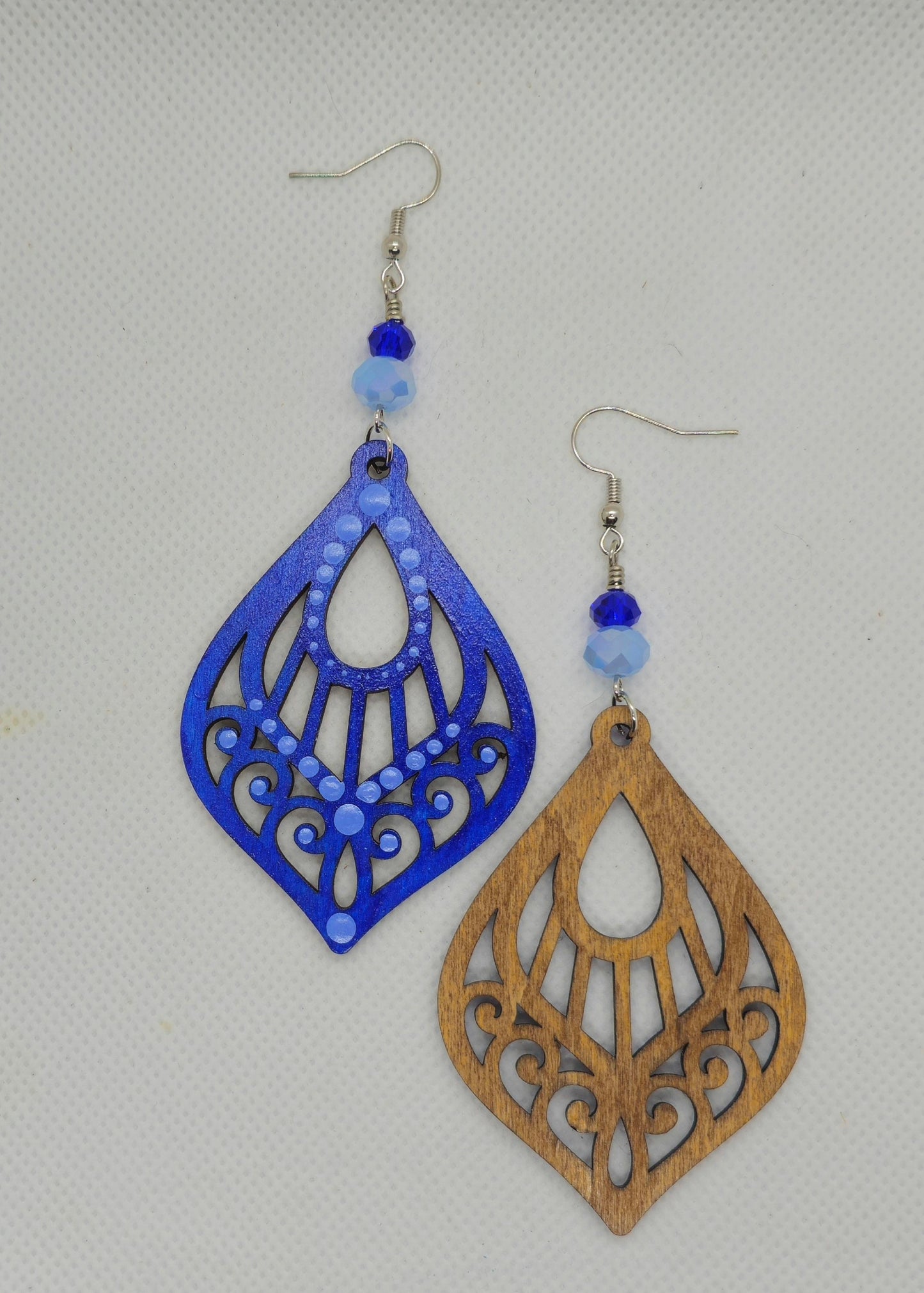 Hand-Painted Blue Color Teardrop Filigree Laser Cut Wooden Lightweight Earrings