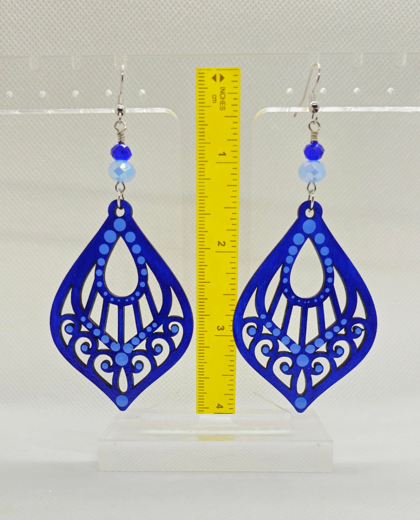 Hand-Painted Blue Color Teardrop Filigree Laser Cut Wooden Lightweight Earrings