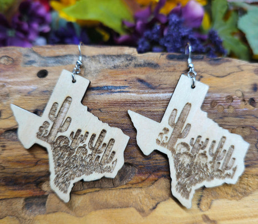 Texas Shaped Cactus Landscape Laser Engraved Wooden Lightweight Earrings