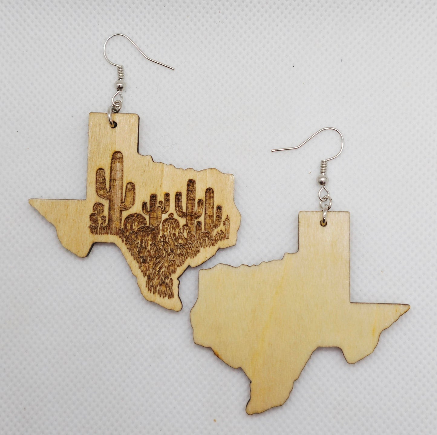 Texas Shaped Cactus Landscape Laser Engraved Wooden Lightweight Earrings