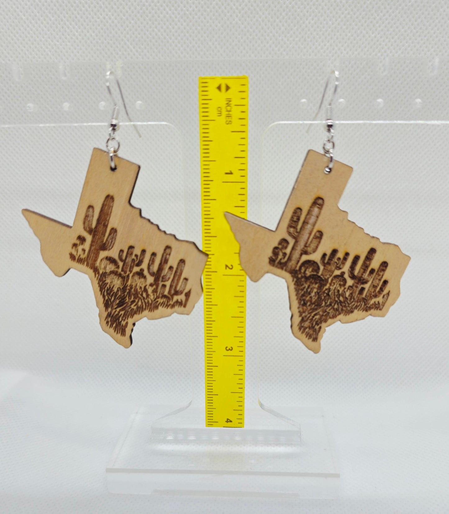 Texas Shaped Cactus Landscape Laser Engraved Wooden Lightweight Earrings