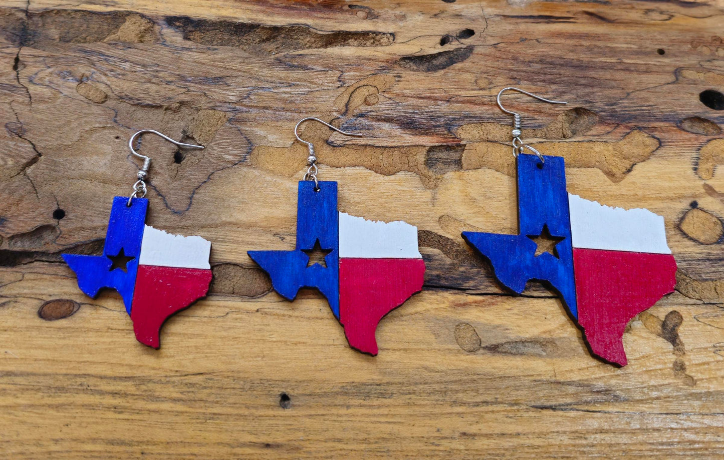 Hand-Painted Texas Shaped Laser Cut Wooden Lightweight Earrings