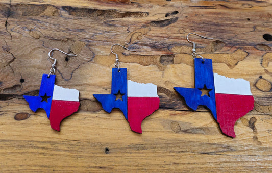 Hand-Painted Texas Shaped Laser Cut Wooden Lightweight Earrings